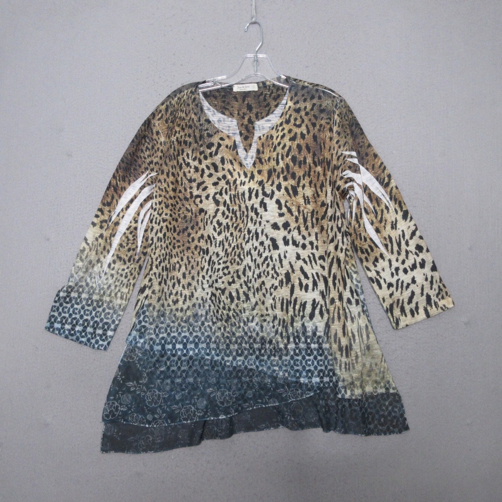 Jess & Jane Tunic Top Large Leopard Print Mixed Media Floral Boho Art To Wear